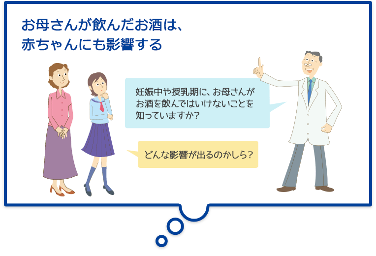 お母さんが飲んだお酒は、赤ちゃんにも影響する 妊娠中や授乳期に、お母さんがお酒を飲んではいけないことを知っていますか? どんな影響が出るのかしら?
