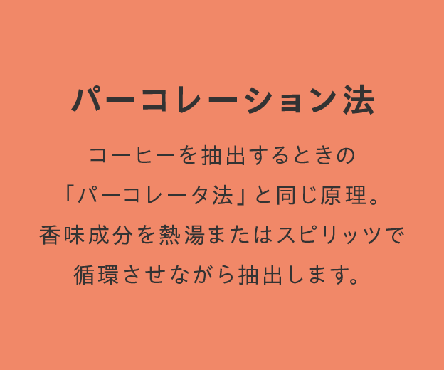 パーコレーション法 コーヒーを抽出するときの「パーコレータ法」と同じ原理。香味成分を熱湯またはスピリッツで循環させながら抽出します。