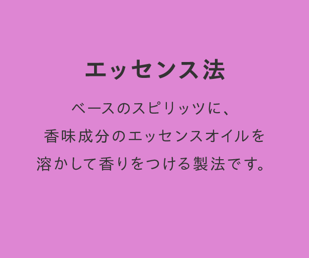 エッセンス法 ベースのスピリッツに、香味成分のエッセンスオイルを溶かして香りをつける製法です。