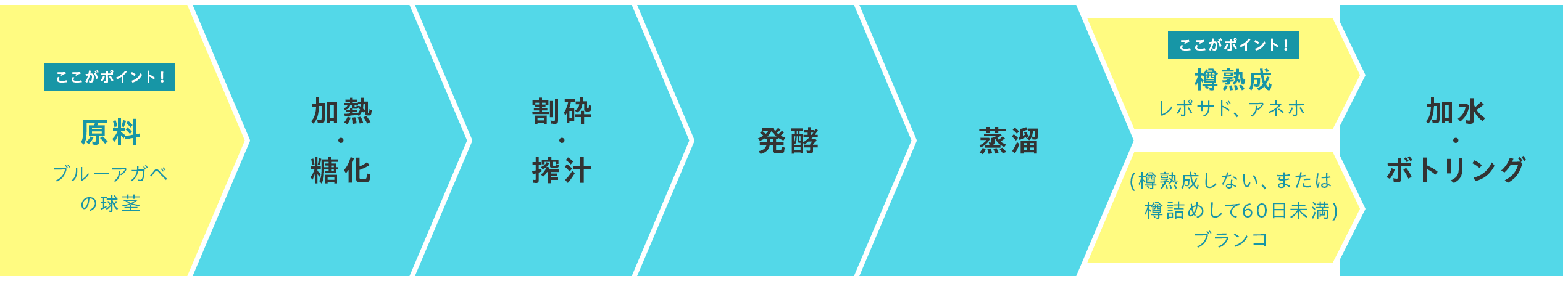 ここがポイント！ 原料 ブルーアガベの球茎→加熱・糖化→割砕・搾汁→発酵→蒸溜→ここがポイント！ 樽熟成 レポサド、アネホ（樽熟成しない、または樽詰めして60日未満）ブランコ→加水・ボトリング