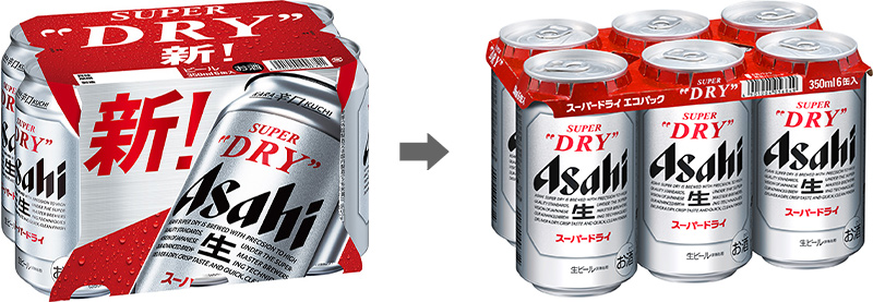 通常の6缶パック、「エコパック」を使用した今回の6缶パック